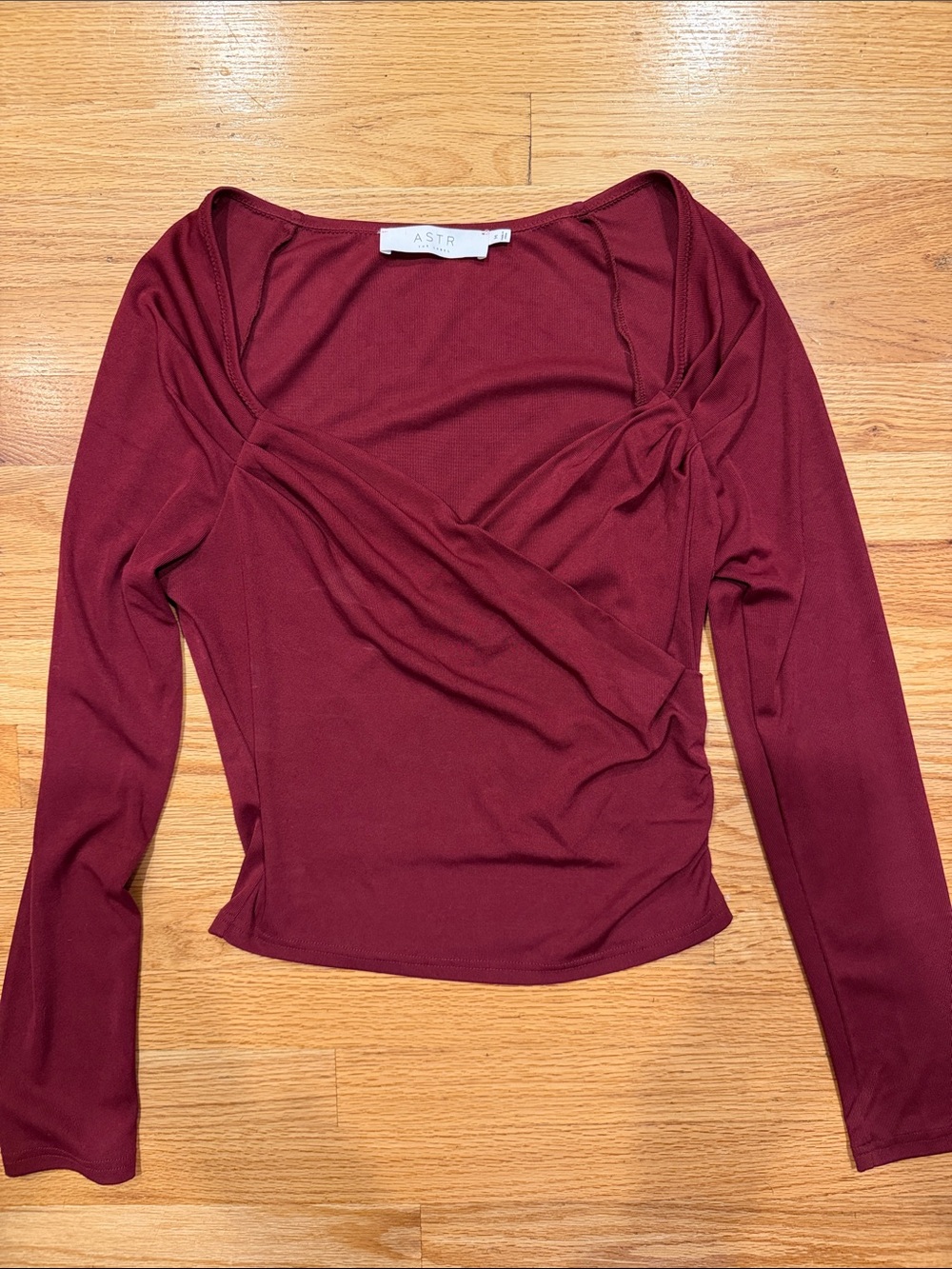 ASTR Wrap-Front Long Sleeve Top in Burgundy